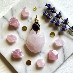 Handmade: Rose Quartz + Purple Agate Fox Spirit Pendant! Kitsune Spirit Guide